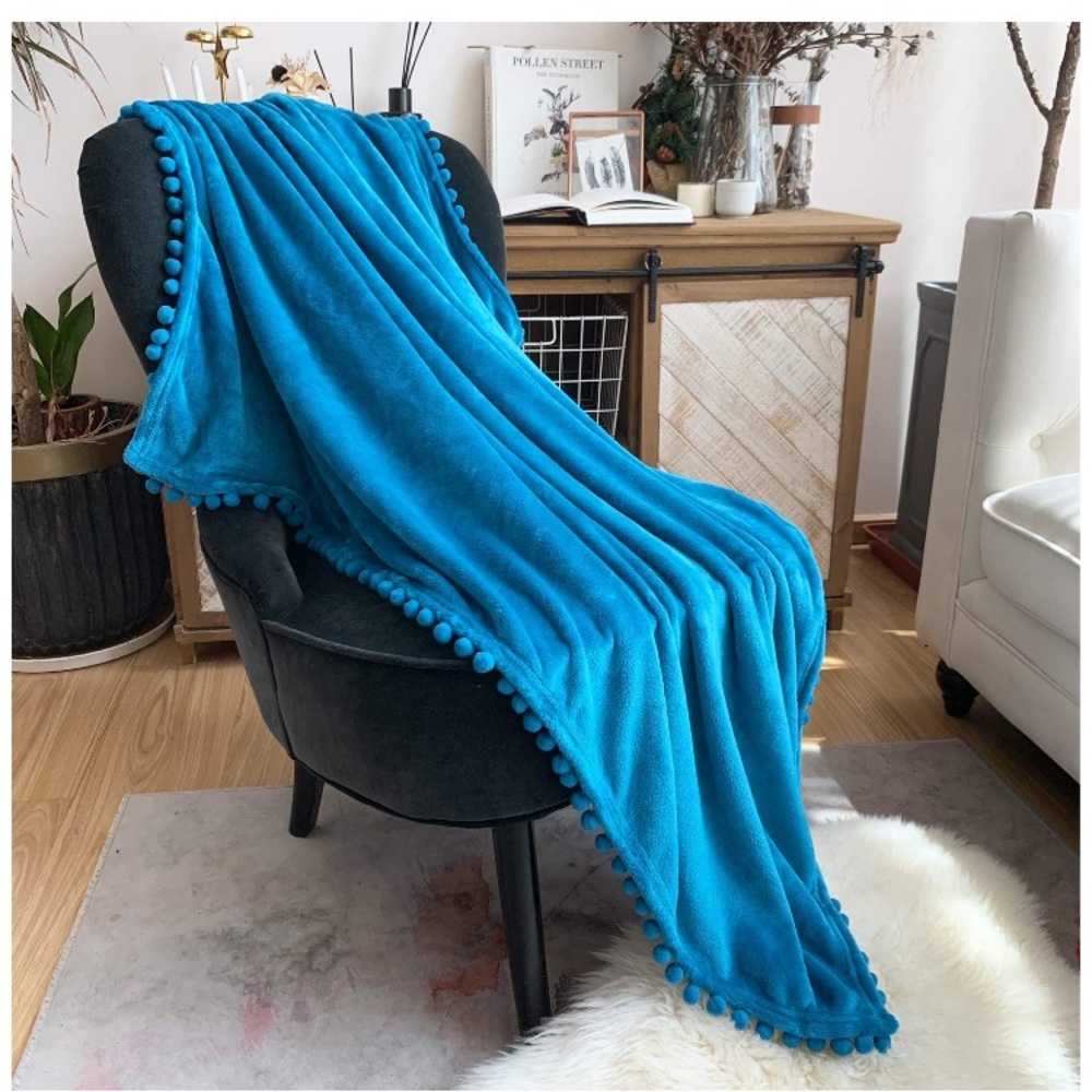Light Cream Neutral Trendy Cute Pompom Fringe Chic Cozy Soft Throw Blanket - Picture 7 of 16